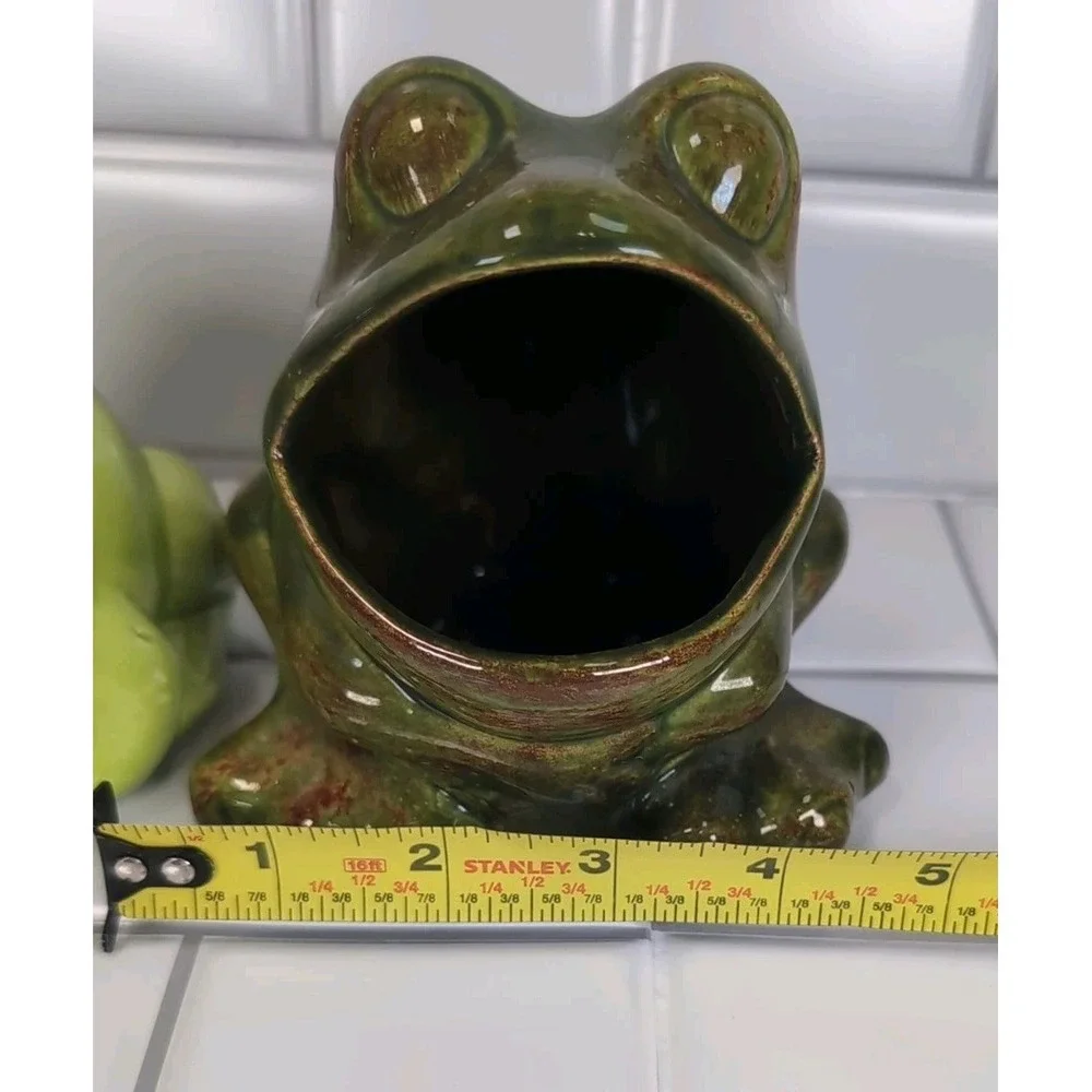 2 Vintage Frogs Ceramic Open Mouth Succulent Planters Pots Or Sponge Holders Set